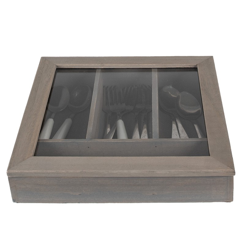 Clayre & Eef Range-couverts 30x30x8 cm Gris Bois Verre Carré