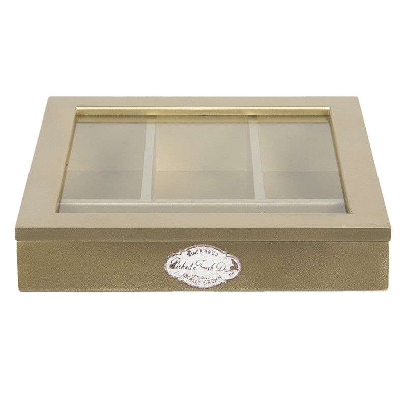 Clayre & Eef Bestekbak  30x30x8 cm Goudkleurig Hout Glas Vierkant