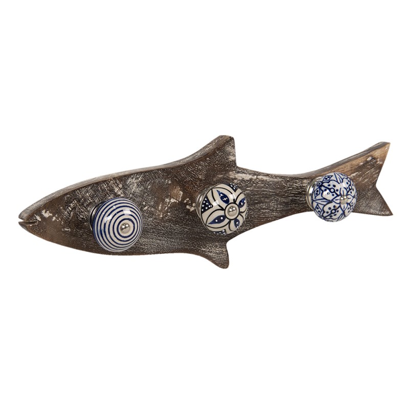 Clayre & Eef Wandkapstok 3 haken Vis 33x5x10 cm Blauw Hout Ijzer
