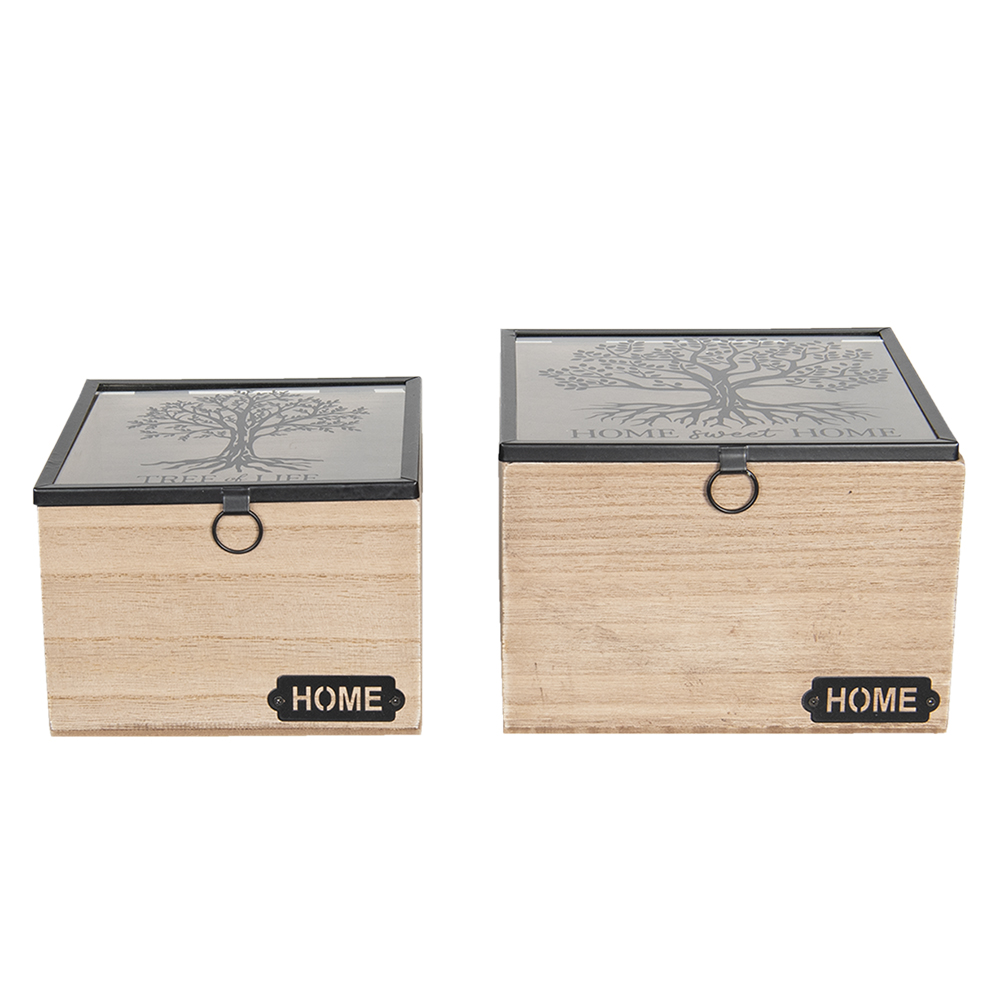 Clayre&Eef Opbergdoosje Set van 2 18x18x12 cm Bruin MDF afbeelding