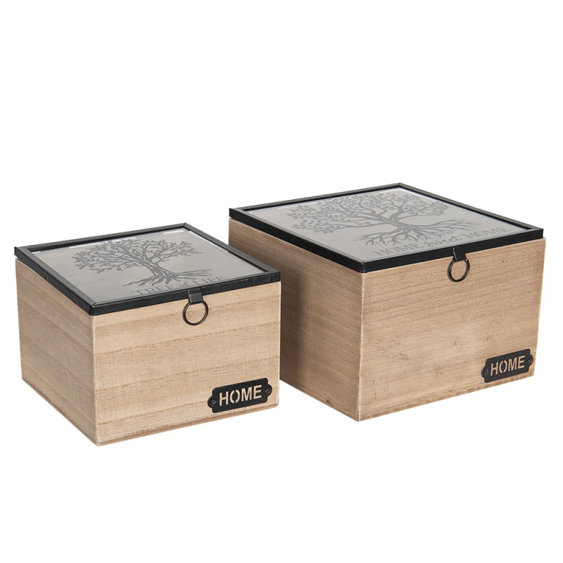 Clayre & Eef Opbergdoosje Set van 2  18x18x12 cm Bruin Hout Glas Vierkant