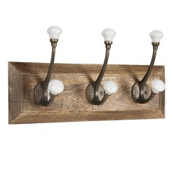 Clayre & Eef Attaccapanni da parete 3 ganci 30x8x10 cm Marrone Bianco  Legno Ferro Rettangolo