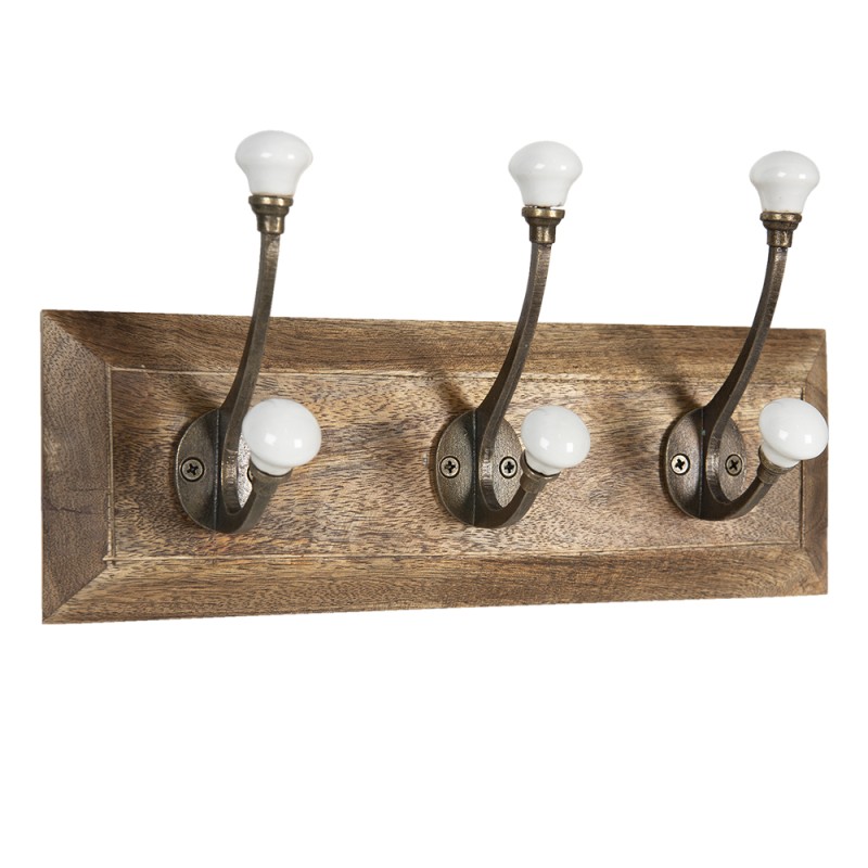 Clayre & Eef Attaccapanni da parete 3 ganci 30x8x10 cm Marrone Bianco  Legno Ferro Rettangolo
