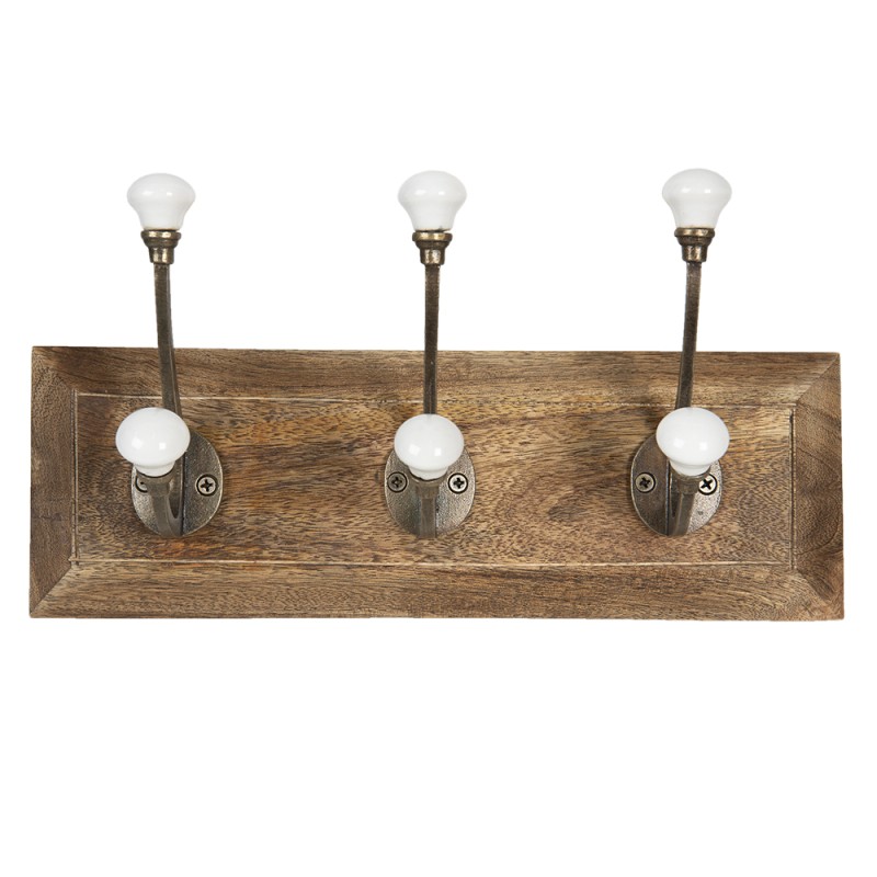 Clayre & Eef Wall Coat Rack 3 Hooks 30x8x10 cm Brown White Wood Iron Rectangle