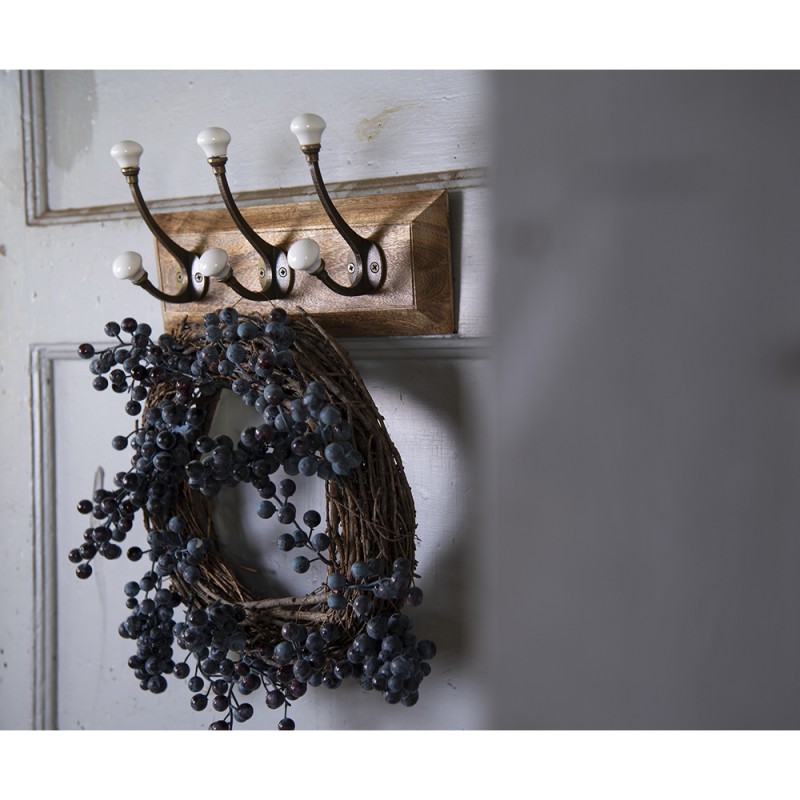 Clayre & Eef Wall Coat Rack 3 Hooks 30x8x10 cm Brown White Wood Iron Rectangle