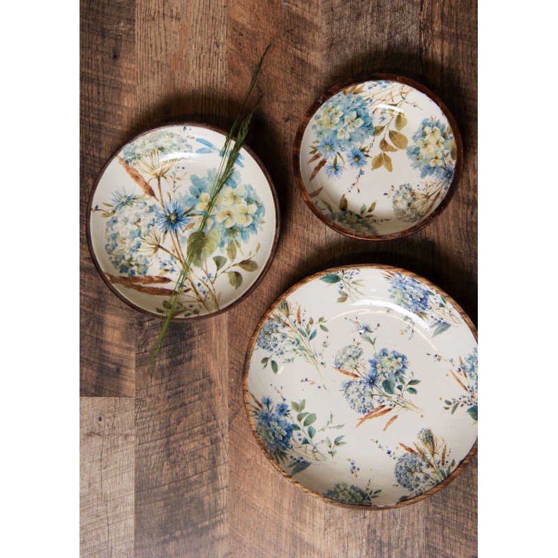 Clayre & Eef Vassoio da portata Ø 24x4 cm Bianco Blu  Legno  Rotondo Fiori