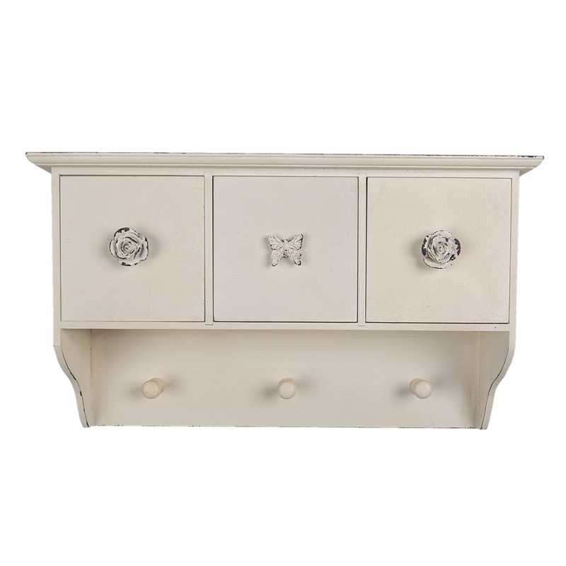 Clayre & Eef Attaccapanni da parete 3 ganci 41x12x24 cm Bianco MDF Plastica Rettangolo Fiori