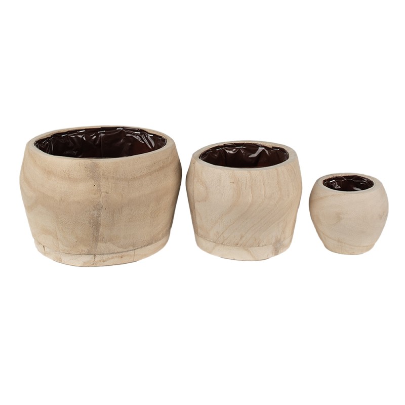 Clayre & Eef Planter Set of 3 Ø 24 Ø 18 Ø 12 cm Brown Wood Round
