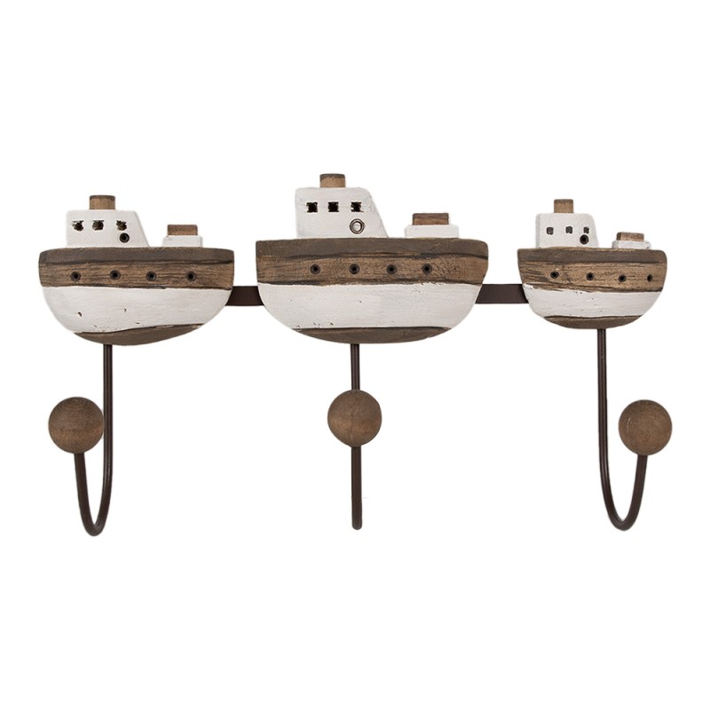 Clayre & Eef Wall Coat Rack 3 Hooks Boat 38x10x20 cm White Brown Wood Iron