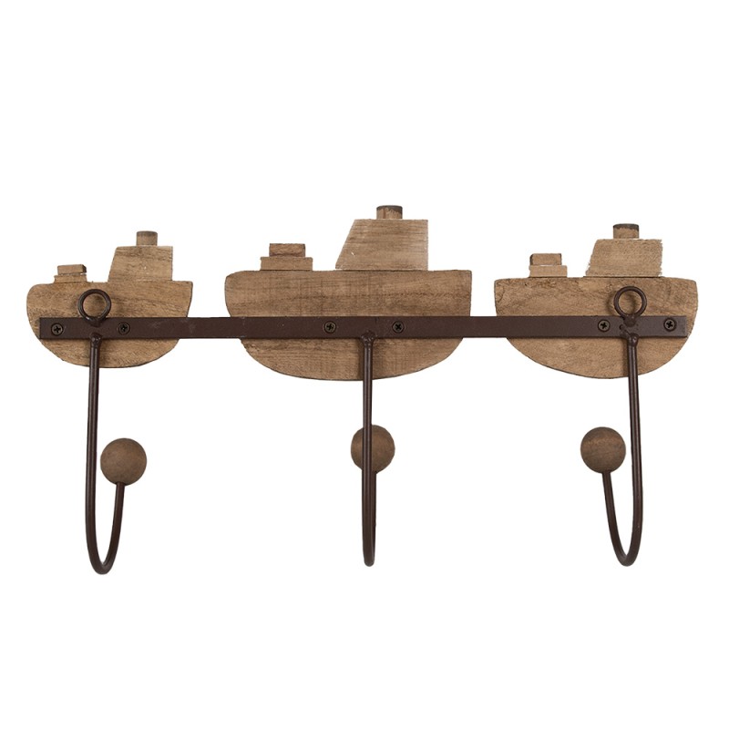 Clayre & Eef Wall Coat Rack 3 Hooks Boat 38x10x20 cm White Brown Wood Iron