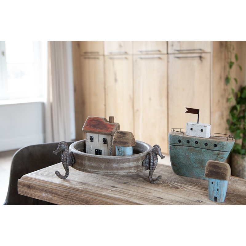 Clayre & Eef Dekorationsfigur Haus 10 cm Blau Braun Holz