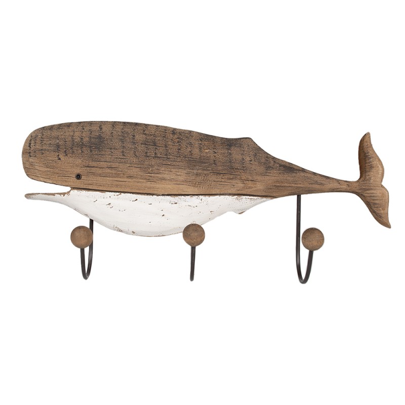 Clayre & Eef Wall Coat Rack 3 Hooks Whale 53x10x23 cm Brown White Wood Iron