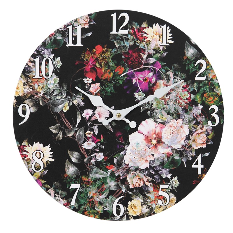Clayre & Eef Wandklok  Ø 34 cm Zwart Groen MDF Bloemen