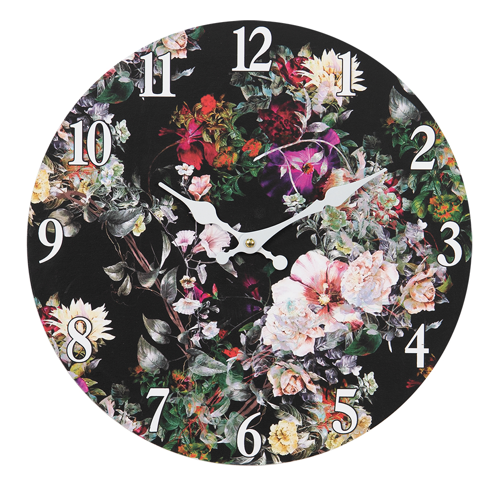 Clayre&Eef WandklokØ 34 cm Zwart Groen MDF Bloemen afbeelding