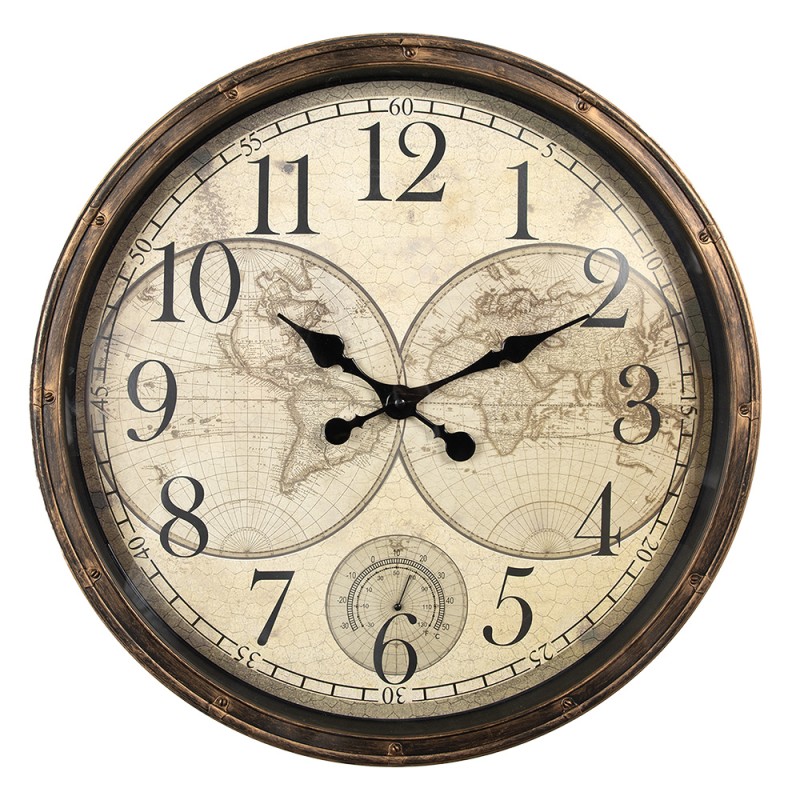 Clayre & Eef Orologio da parete Ø 50x5 cm Marrone Beige Plastica Vetro Mappa del mondo