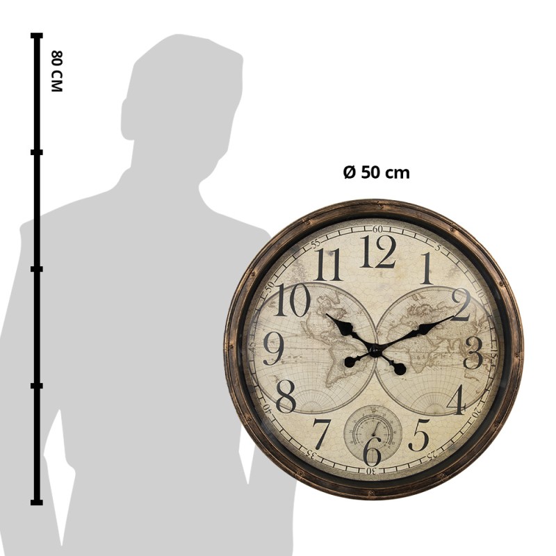 Clayre & Eef Orologio da parete Ø 50x5 cm Marrone Beige Plastica Vetro Mappa del mondo