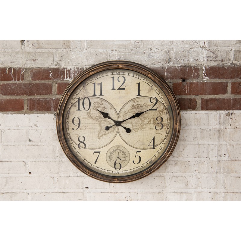 Clayre & Eef Orologio da parete Ø 50x5 cm Marrone Beige Plastica Vetro Mappa del mondo