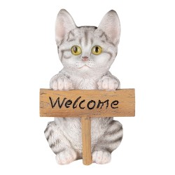 Clayre & Eef Figurine Cat 12x9x19 cm White Grey Polyresin Welcome