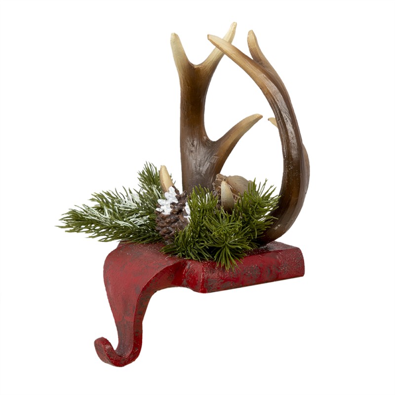 Clayre & Eef Crochet chaussette de Noël Bois de cerf 18x24x15 cm Rouge Marron Plastique