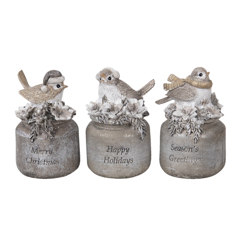 Clayre & Eef Figurine Bird  7x6x10 cm Grey Polyresin Merry Christmas