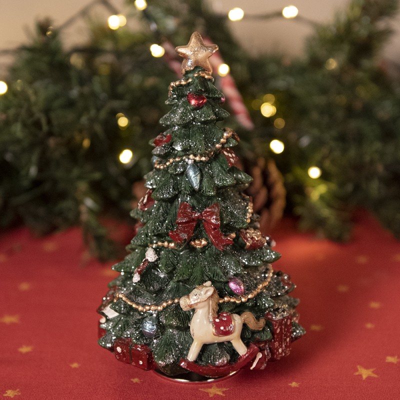 Clayre & Eef Boîte à musique Sapin de Noël 19 cm Vert Polyrésine