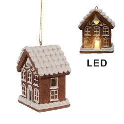 Clayre & Eef Pendentif de Noël avec LED Maison en pain d'épices 9x6x10 cm Marron Polyrésine