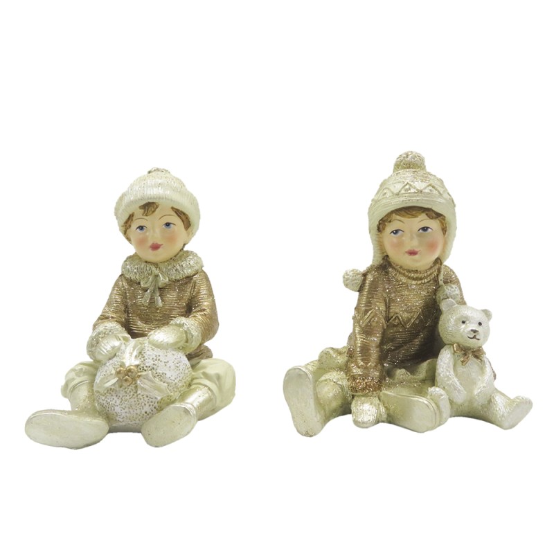 Clayre & Eef Beeld set van 2 Kinderen 9 cm Beige Goudkleurig Polyresin