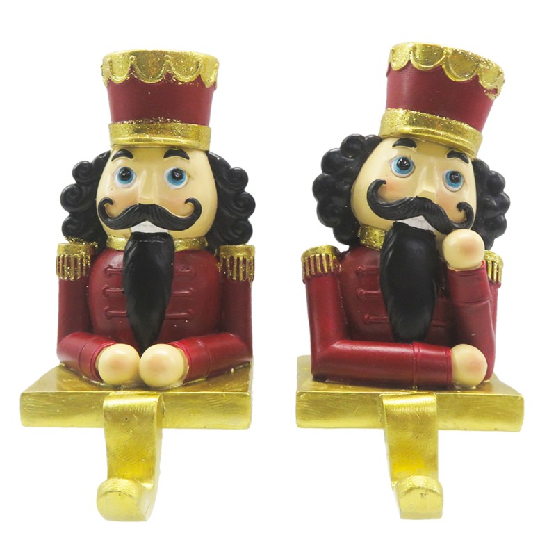 Clayre & Eef Haken für Weihnachtssocke 2er Set Nussknacker 12 cm Rot Goldfarbig Kunststoff