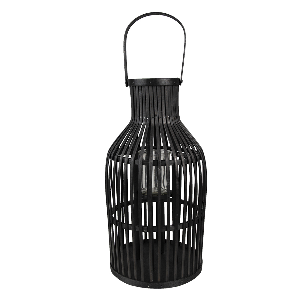 Clayre & Eef Windlicht Ø 23x39 cm Zwart Bamboe Rond Kaarsenhouder - Clayre & Eef Windlicht Ø 23x39 cm Zwart Bamboe Rond Kaarsenhouder -
