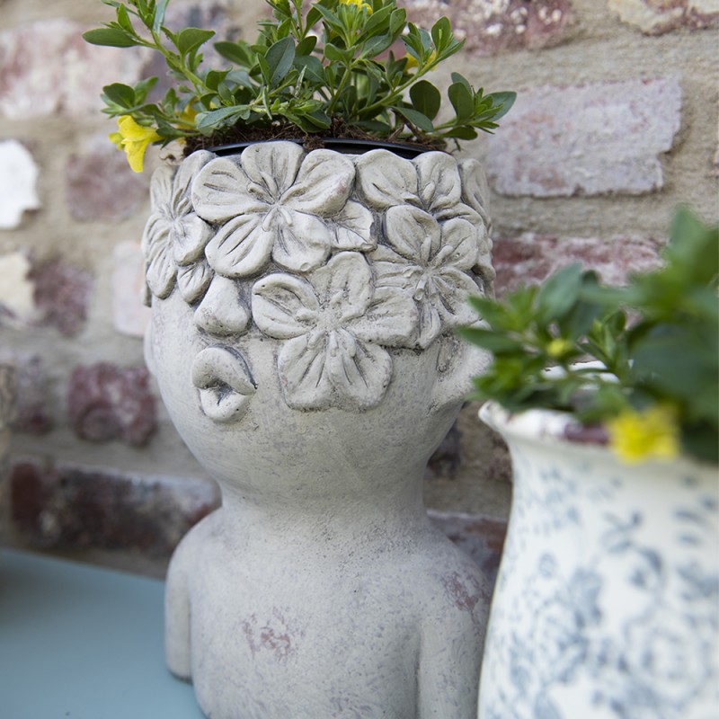 Clayre & Eef Bloempot Hoofd 17x16x25 cm Grijs Steen Bloemen