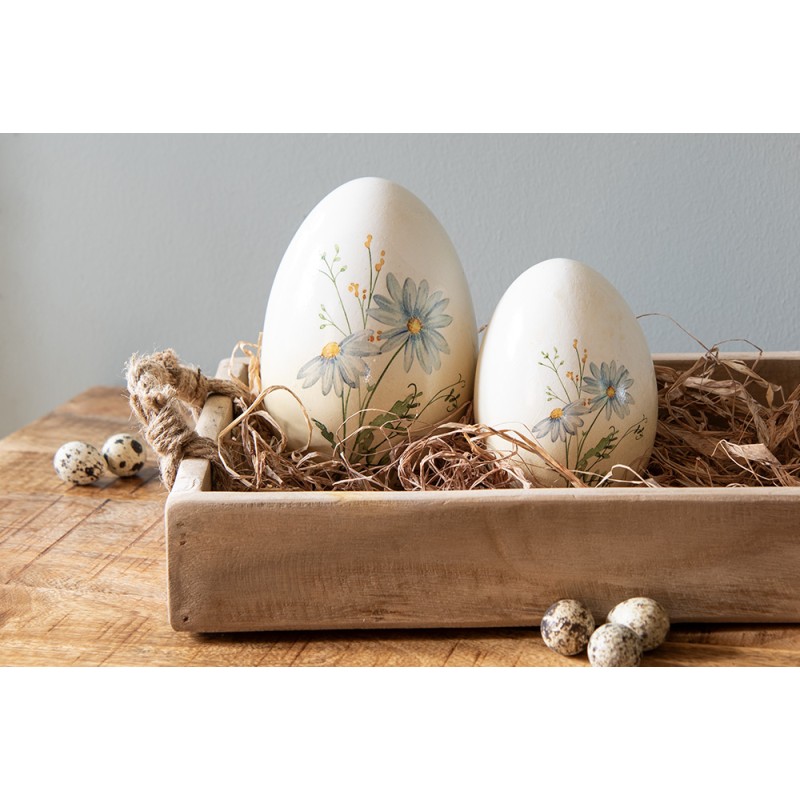 Clayre & Eef Decoration Egg Ø 10x14 cm Yellow Blue Terracotta Flowers