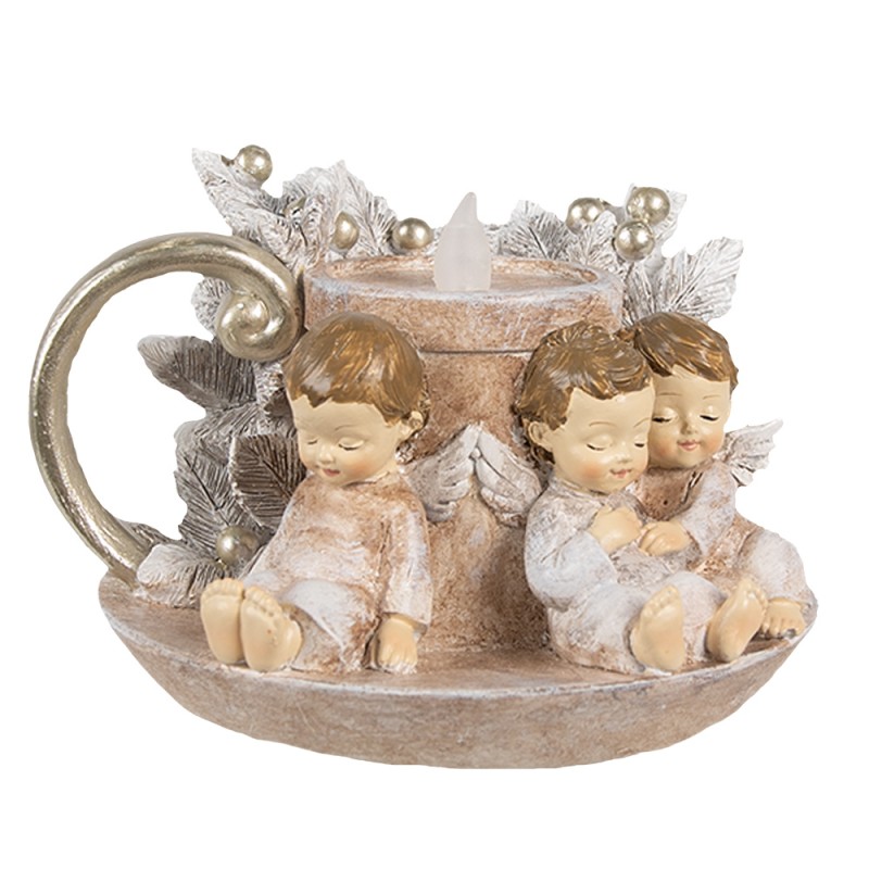 Clayre & Eef Weihnachtsdekoration mit LED-Beleuchtung Kerzenständer 14x13x10 cm Braun Polyresin Engel