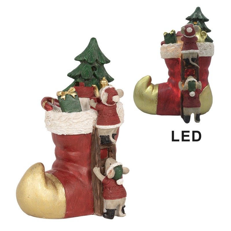 Clayre & Eef Kerstdecoratie met LED-verlichting Laars 14x10x19 cm Rood Kunststof Muis