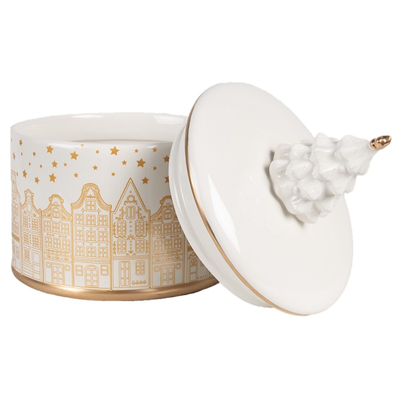 Clayre & Eef Couvercle de pot de stockage Ø 15x19 cm Blanc Couleur or Matériau céramique Maisons