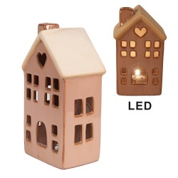Clayre & Eef Decoratie Huis met LED 6x6x11 cm Bruin Porselein