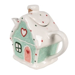 Clayre & Eef Teekanne Lebkuchenhaus 600 ml Weiß Grün Keramik