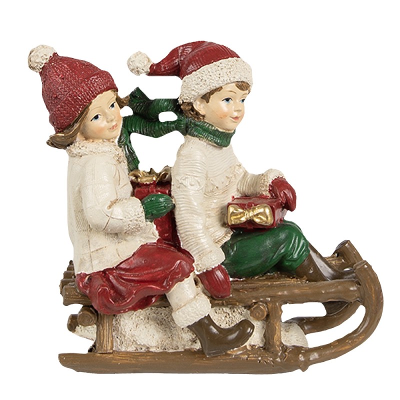 Clayre & Eef Image de décoration Enfants 12x6x11 cm Beige Rouge Polyrésine Luge