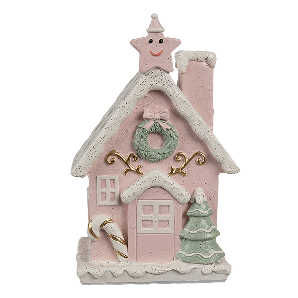 Clayre & Eef Gingerbread house met LED 15 cm Roze Polyresin afbeelding 1
