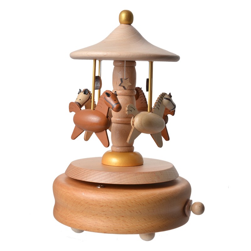 Clayre & Eef Music box Carousel Ø 11x17 cm Beige Wood