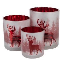 Clayre & Eef Theelichthouder Set van 3 Wit Rood Glas Hert