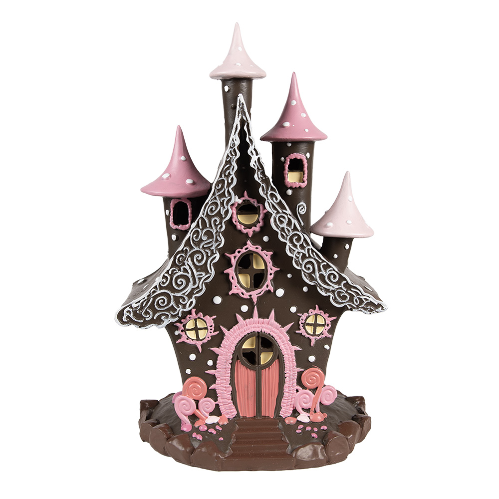 Clayre&Eef Gingerbread house met LED 16x13x26 cm Bruin Roze Polyresin afbeelding
