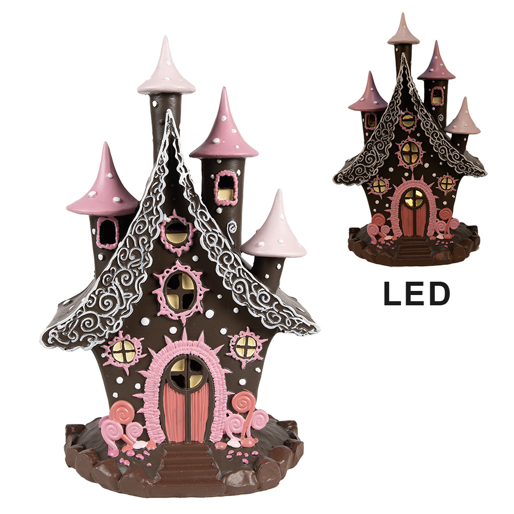 Gingerbread House Met Led 16X13X26 Cm Bruin Roze Polyresin-image