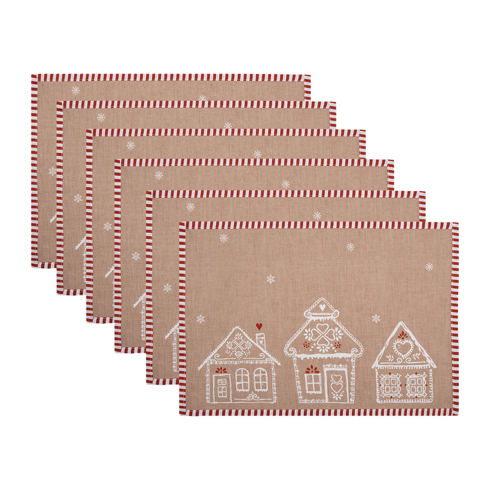 Clayre&Eef Placemats Set van 6 48x33 cm Bruin Katoen Gingerbread house afbeelding