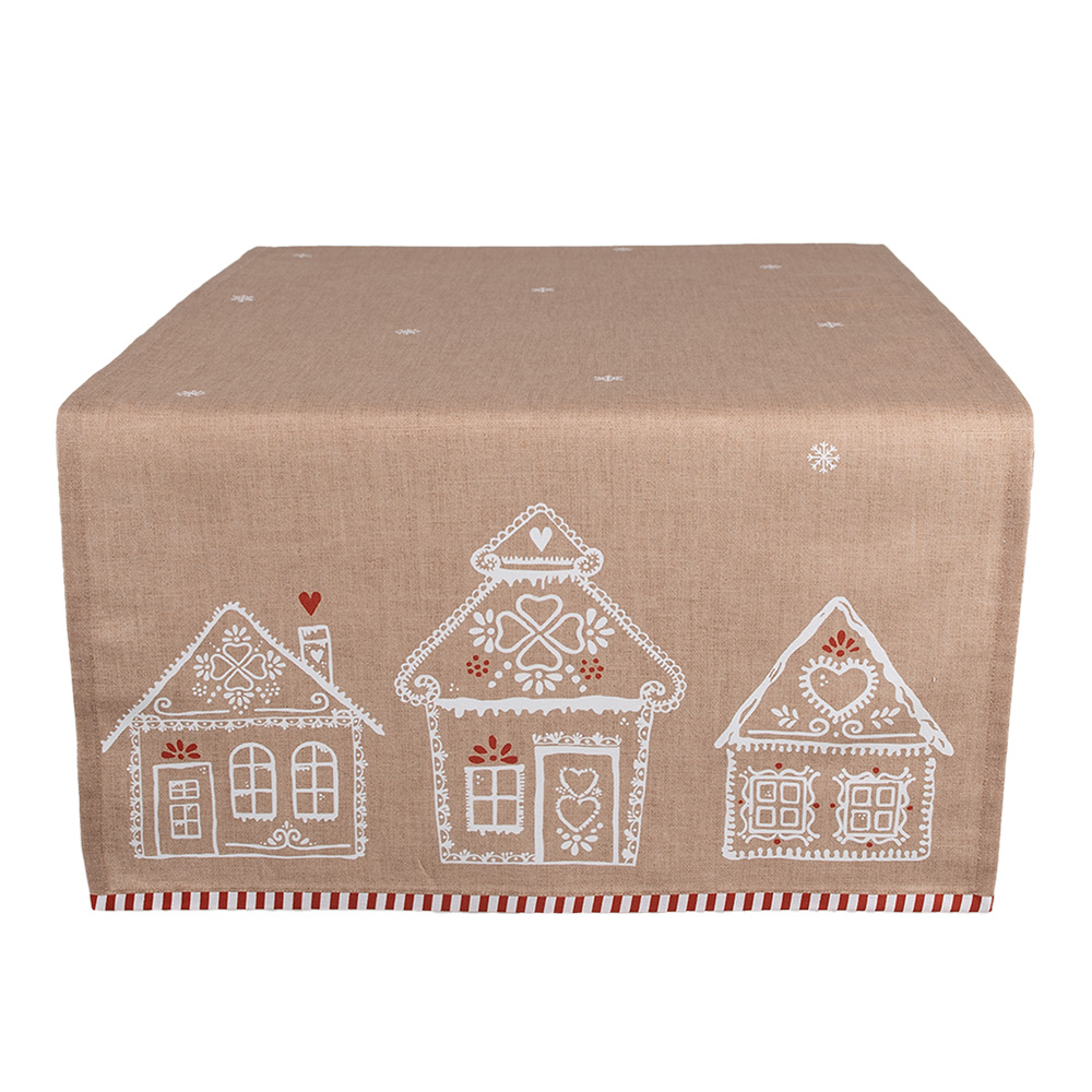 Clayre&Eef Tafelloper 50x140 cm Bruin Katoen Gingerbread house afbeelding