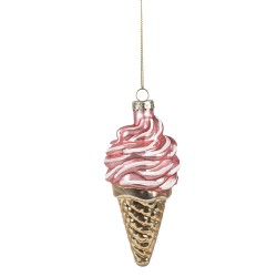 Clayre & Eef Pendentif de Noël Ø 7x14 cm Rose Couleur or Verre Crème glacée