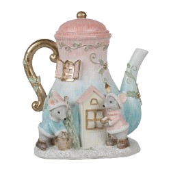 Clayre & Eef Decoratie Huis met LED Theepot 15x12x16 cm Blauw Roze Polyresin Muis