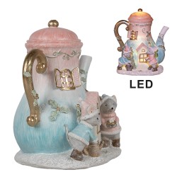 Clayre & Eef Decoratie Huis met LED Theepot 15x12x16 cm Blauw Roze Polyresin Muis