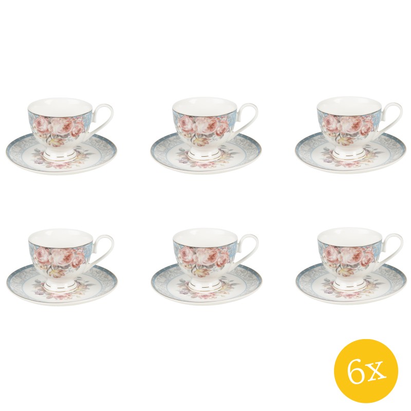 Clayre & Eef Kop en schotel set van 6 stuks schotel  200 ml Wit Blauw Porselein Bloemen Servies
