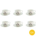 Clayre & Eef Kop en schotel set van 6 stuks schotel  220 ml Wit Zwart Porselein Harten Vogels Servies