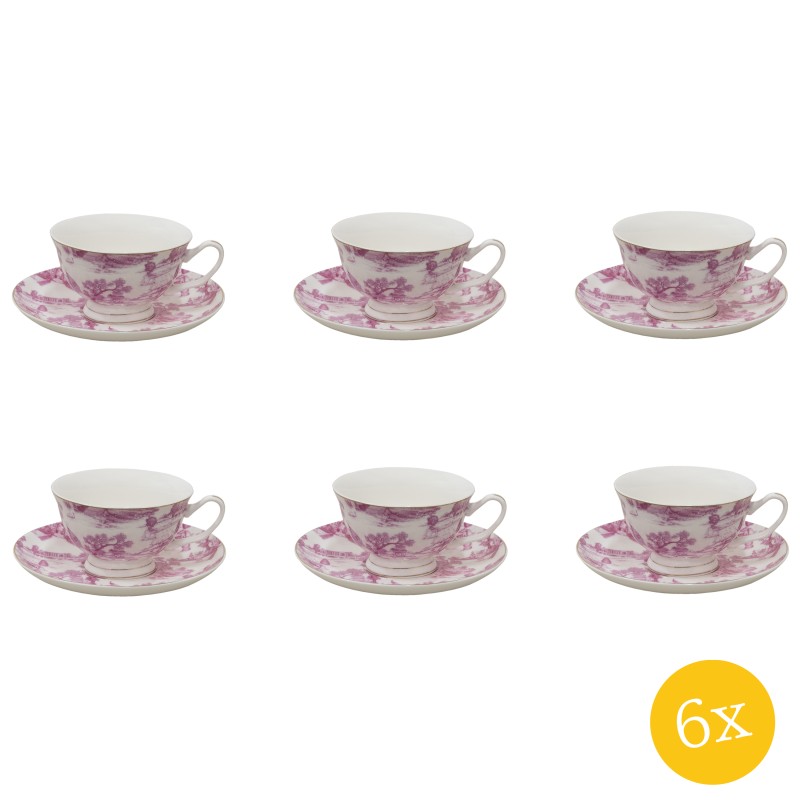 Clayre & Eef Kop en schotel set van 6 stuks schotel  250 ml Roze Porselein Servies